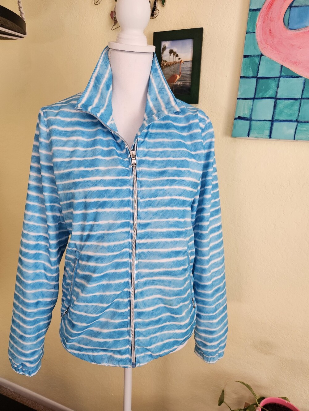 Ralph Lauren active sport Blue and White Striped Full Zip Jacket Sz M